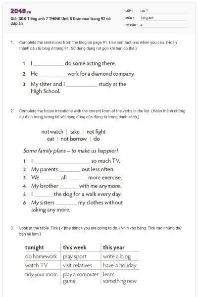 Giải SGK Tiếng anh 7 THiNK Unit 8 Grammar trang 92 có đáp án