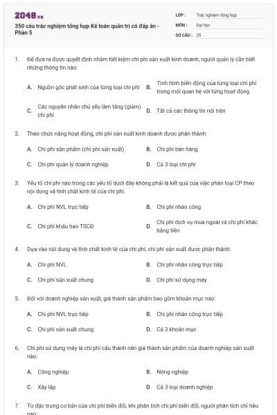 350 câu trắc nghiệm tổng hợp Kế toán quản trị có đáp án - Phần 5