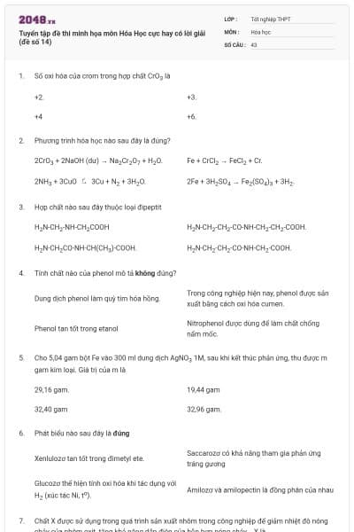 Tuyển tập đề thi minh họa môn Hóa Học cực hay có lời giải (đề số 14)