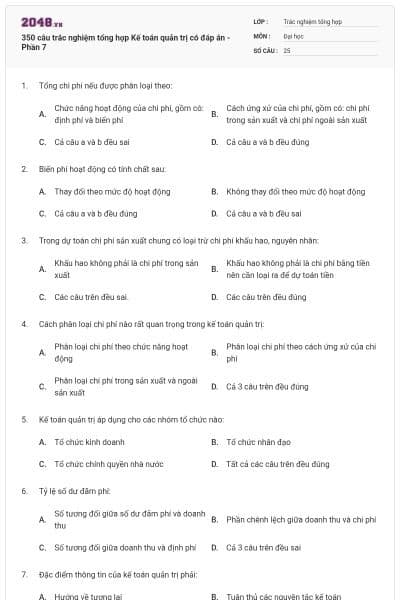 350 câu trắc nghiệm tổng hợp Kế toán quản trị có đáp án - Phần 7