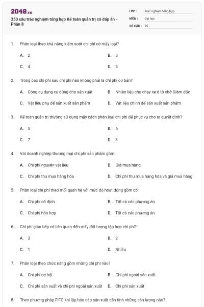 350 câu trắc nghiệm tổng hợp Kế toán quản trị có đáp án - Phần 8