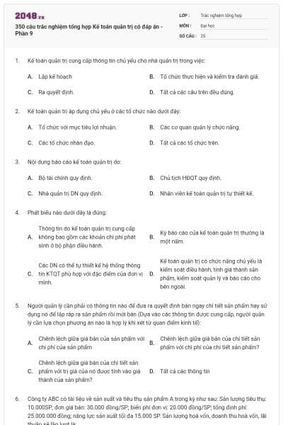 350 câu trắc nghiệm tổng hợp Kế toán quản trị có đáp án - Phần 9