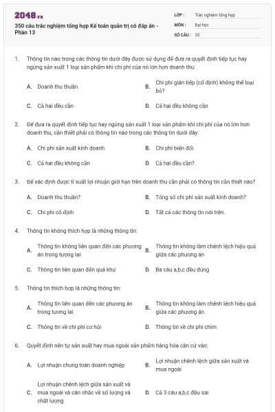 350 câu trắc nghiệm tổng hợp Kế toán quản trị có đáp án - Phần 13