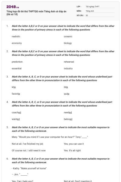Tổng hợp đề thi thử THPTQG môn Tiếng Anh có đáp án (Đề số 18)