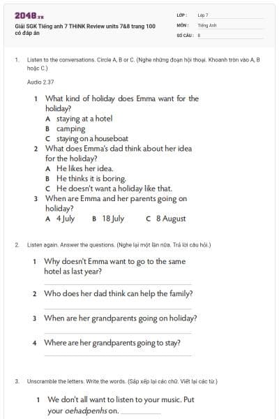 Giải SGK Tiếng anh 7 THiNK Review units 7&8 trang 100 có đáp án