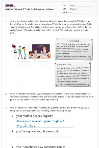 Giải SGK Tiếng anh 7 THiNK D. My free time có đáp án
