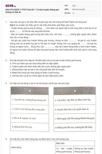 Giải VTH GDCD 7 CTST Chủ đề 1: Tự hào truyền thống quê hương có đáp án