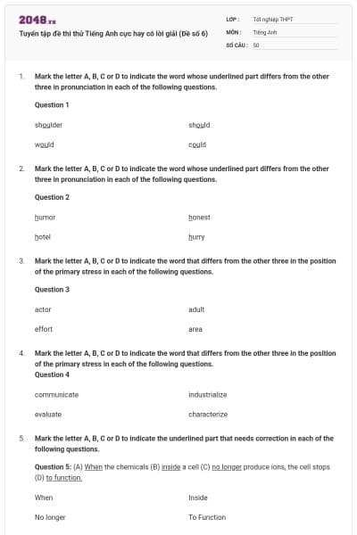 Tuyển tập đề thi thử Tiếng Anh cực hay có lời giải (Đề số 6)