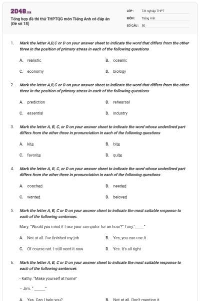 Tổng hợp đề thi thử THPTQG môn Tiếng Anh có đáp án (Đề số 18)