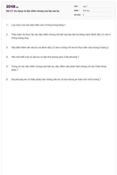 Bài 27: Đa đạng và đặc điểm chung của lớp sâu bọ