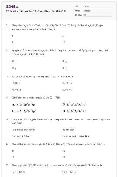 20 Bộ đề ôn tập Hóa Học 10 có lời giải cực hay (Đề số 2)