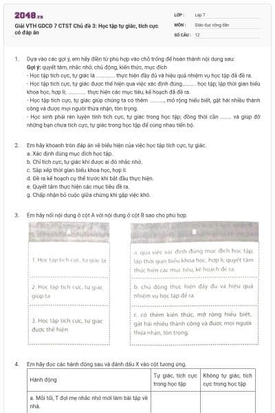 Giải VTH GDCD 7 CTST Chủ đề 3: Học tập tự giác, tích cực có đáp án