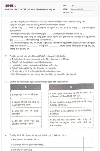 Giải VTH GDCD 7 CTST Chủ đề 4: Giữ chữ tín có đáp án