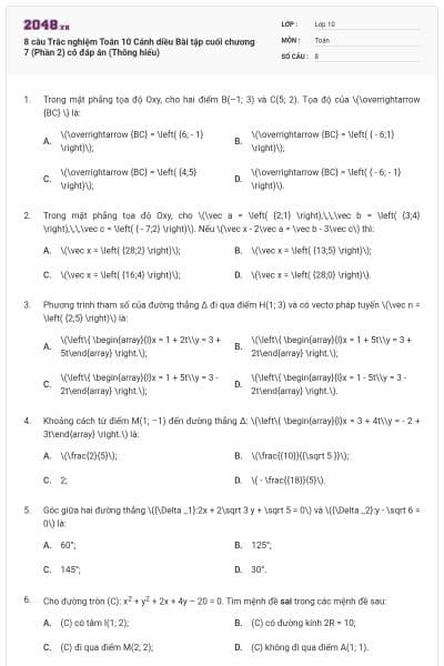 8 câu Trắc nghiệm Toán 10 Cánh diều Bài tập cuối chương 7 (Phần 2) có đáp án (Thông hiểu)
