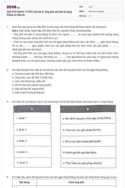 Giải VTH GDCD 7 CTST Chủ đề 6: Ứng phó với tâm lý căng thẳng có đáp án
