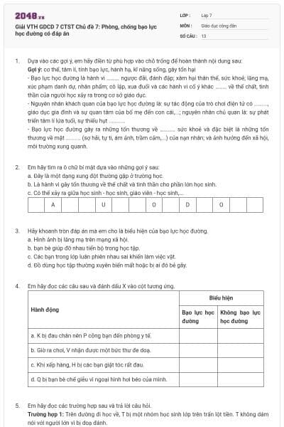 Giải VTH GDCD 7 CTST Chủ đề 7: Phòng, chống bạo lực học đường có đáp án