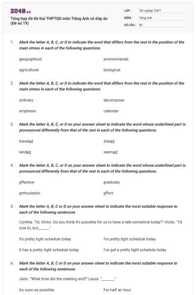 Tổng hợp đề thi thử THPTQG môn Tiếng Anh có đáp án (Đề số 19)