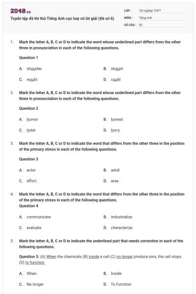 Tuyển tập đề thi thử Tiếng Anh cực hay có lời giải (Đề số 6)