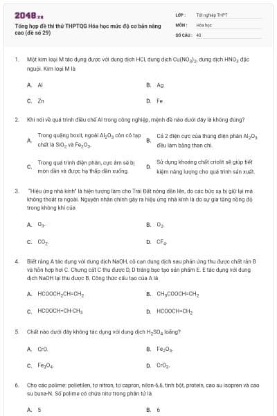 Tổng hợp đề thi thử THPTQG Hóa học mức độ cơ bản nâng cao (đề số 29)
