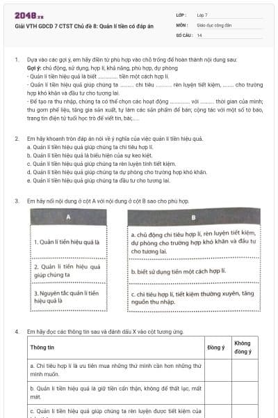 Giải VTH GDCD 7 CTST Chủ đề 8: Quản lí tiền có đáp án