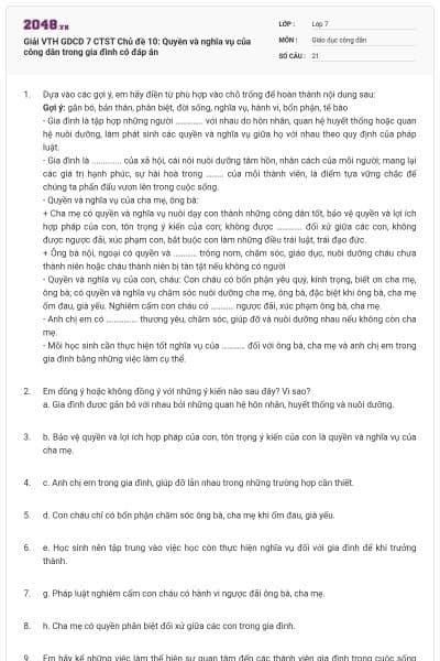 Giải VTH GDCD 7 CTST Chủ đề 10: Quyền và nghĩa vụ của công dân trong gia đình có đáp án