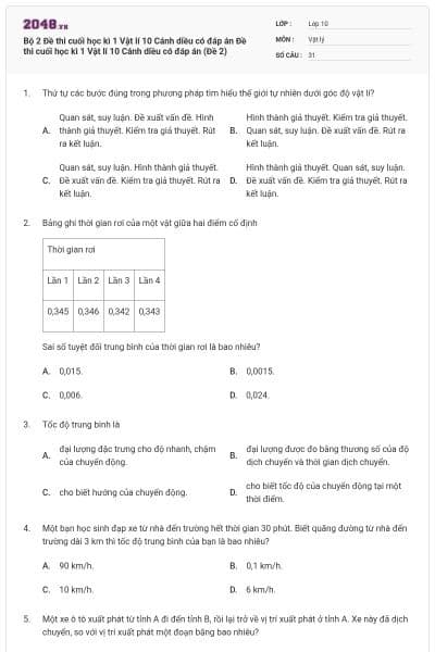 Bộ 2 Đề thi cuối học kì 1 Vật lí 10 Cánh diều có đáp án Đề thi cuối học kì 1 Vật lí 10 Cánh diều có đáp án (Đề 2)