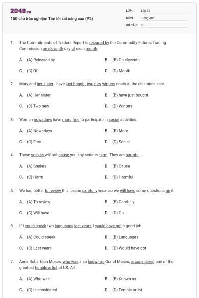 150 câu trắc nghiệm Tìm lỗi sai nâng cao (P2)