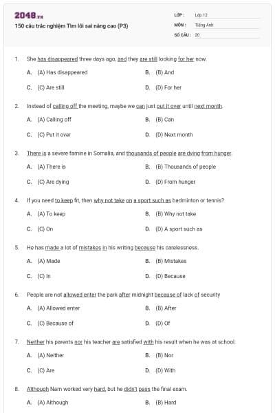 150 câu trắc nghiệm Tìm lỗi sai nâng cao (P3)