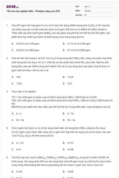 100 câu trắc nghiệm Nito - Photpho nâng cao (P5)