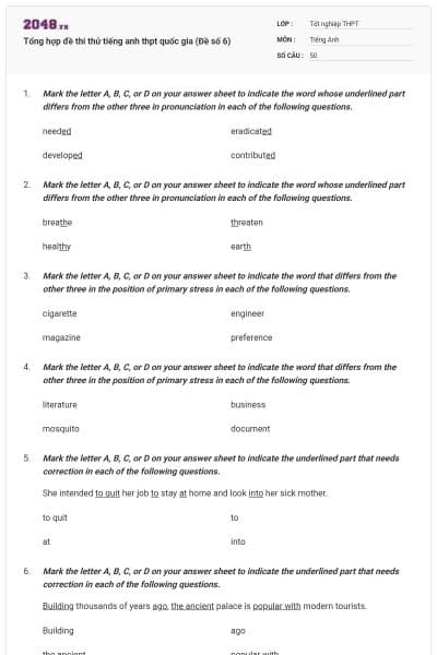 Tổng hợp đề thi thử tiếng anh thpt quốc gia (Đề số 6)
