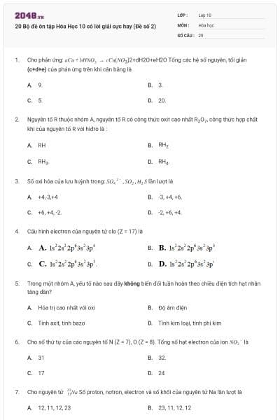 20 Bộ đề ôn tập Hóa Học 10 có lời giải cực hay (Đề số 2)