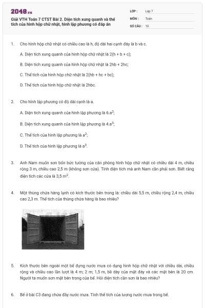 Giải VTH Toán 7 CTST Bài 2. Diện tích xung quanh và thể tích của hình hộp chữ nhật, hình lập phương có đáp án