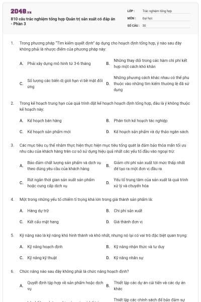 810 câu trắc nghiệm tổng hợp Quản trị sản xuất có đáp án - Phần 3