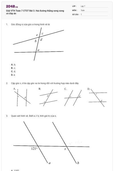 Giải VTH Toán 7 CTST Bài 3. Hai đường thẳng song song có đáp án