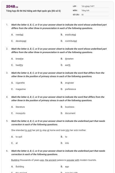 Tổng hợp đề thi thử tiếng anh thpt quốc gia (Đề số 6)