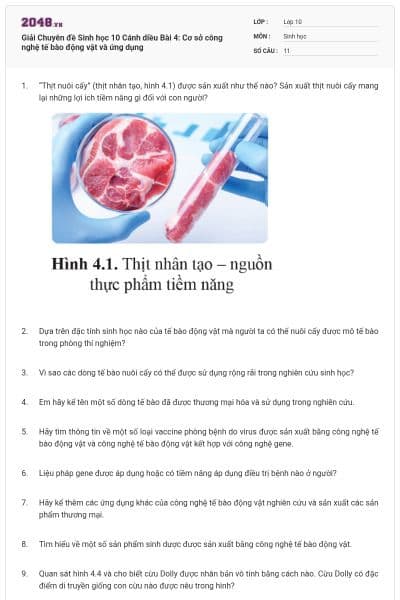 Giải Chuyên đề Sinh học 10 Cánh diều Bài 4: Cơ sở công nghệ tế bào động vật và ứng dụng