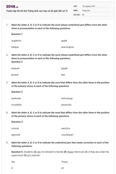 Tuyển tập đề thi thử Tiếng Anh cực hay có lời giải (Đề số 7)