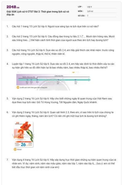 Giải SGK Lịch sử 6 CTST Bài 2: Thời gian trong lịch sử có đáp án