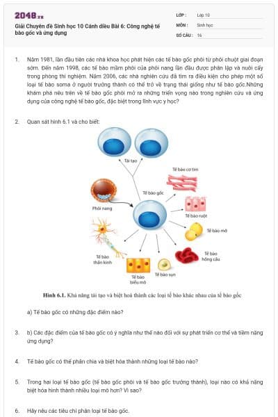 Giải Chuyên đề Sinh học 10 Cánh diều Bài 6: Công nghệ tế bào gốc và ứng dụng