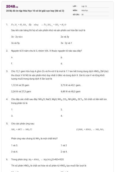 20 Bộ đề ôn tập Hóa Học 10 có lời giải cực hay (Đề số 3)