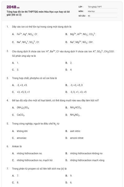 Tổng hợp đề ôn thi THPTQG môn Hóa Học cực hay có lời giải (Đề số 3)