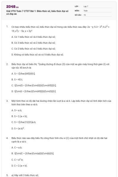Giải VTH Toán 7 CTST Bài 1: Biểu thức số, biểu thức đại số có đáp án