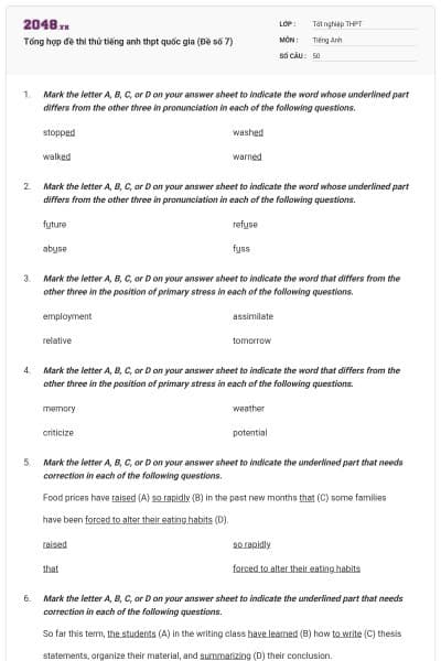 Tổng hợp đề thi thử tiếng anh thpt quốc gia (Đề số 7)