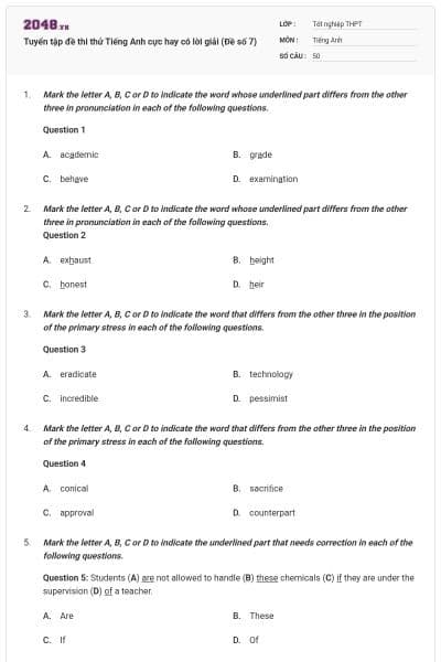 Tuyển tập đề thi thử Tiếng Anh cực hay có lời giải (Đề số 7)