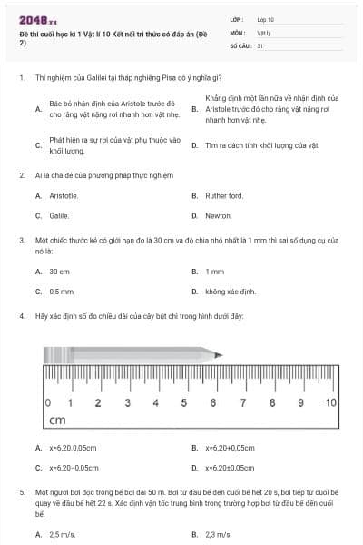 Đề thi cuối học kì 1 Vật lí 10 Kết nối tri thức có đáp án (Đề 2)