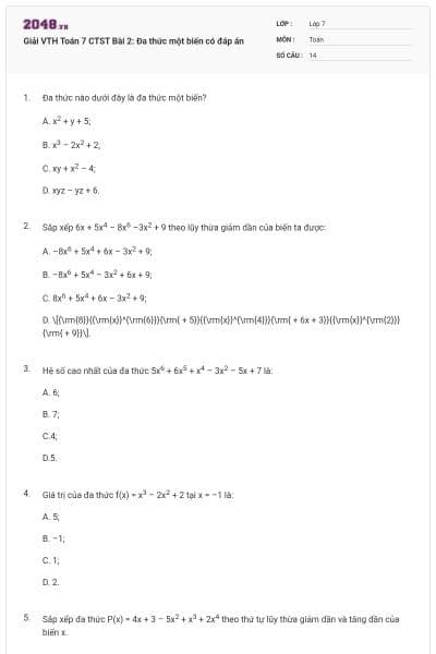 Giải VTH Toán 7 CTST Bài 2: Đa thức một biến có đáp án