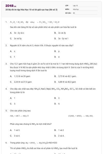 20 Bộ đề ôn tập Hóa Học 10 có lời giải cực hay (Đề số 3)