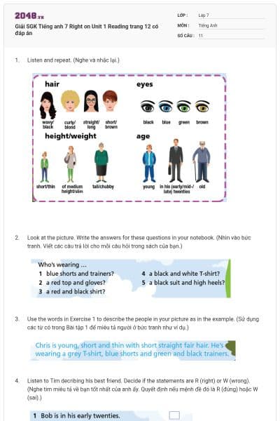 Giải SGK Tiếng anh 7 Right on Unit 1 Reading trang 12 có đáp án