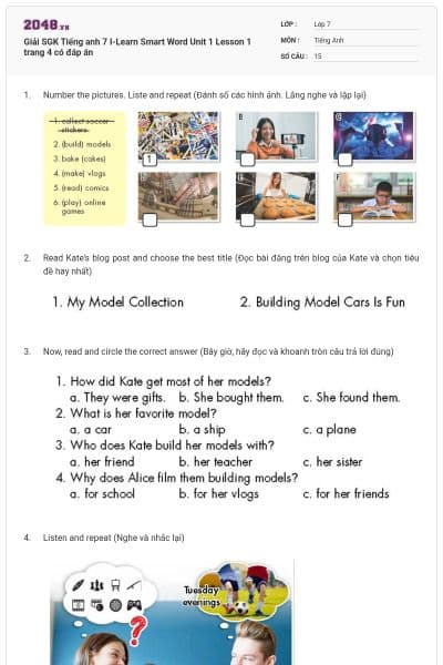 Giải SGK Tiếng anh 7 I-Learn Smart Word Unit 1 Lesson 1 trang 4 có đáp án