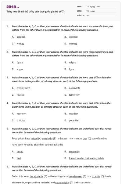 Tổng hợp đề thi thử tiếng anh thpt quốc gia (Đề số 7)